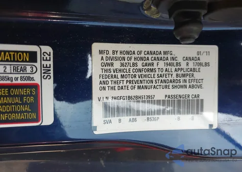 2011 Honda Civic Lx z USA, uszkodzony, nr VIN 2HGFG1B62BH513957